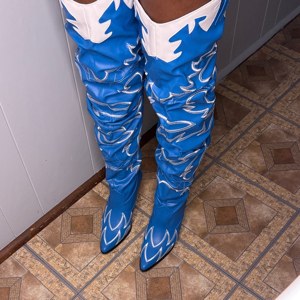 Blue and White Women's Knee-High Boots